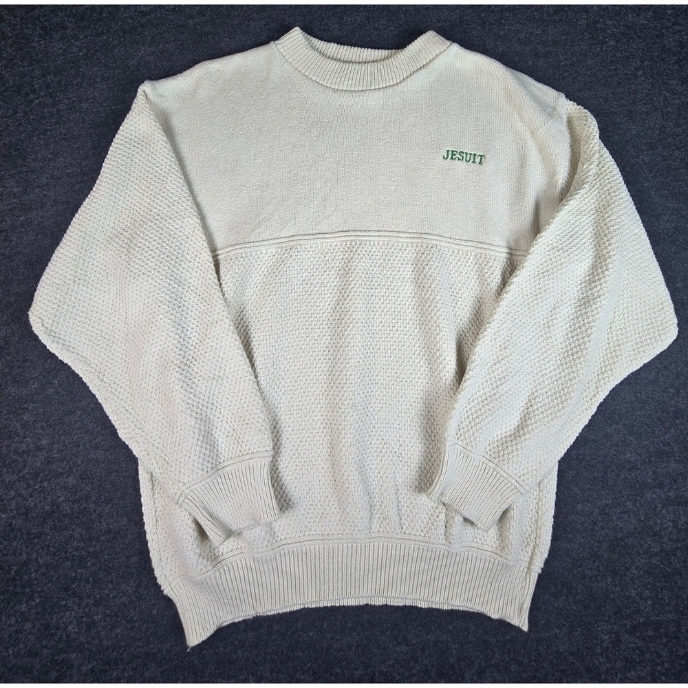 Vtg McBriar Mens Beige Knit Crew Neck Sweater Long Sleeve Casual Jesuit Size XL